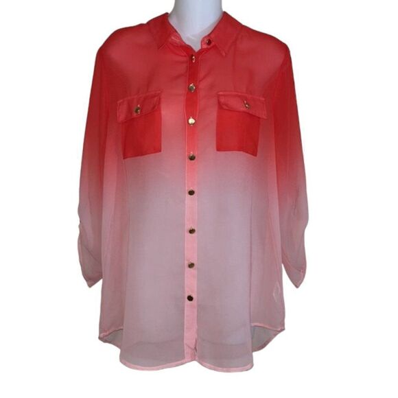 HALO Women's Ombré Dip Dye Button Tab Sleeve Sheer Blouse in Coral Size Medium - Picture 3 of 12
